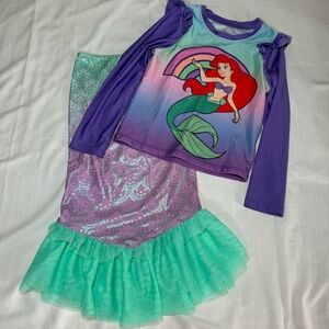 Disney Size 8 Little Mermaid Rash Guard Long Sleeve top 2 piece Mermaid Skirt